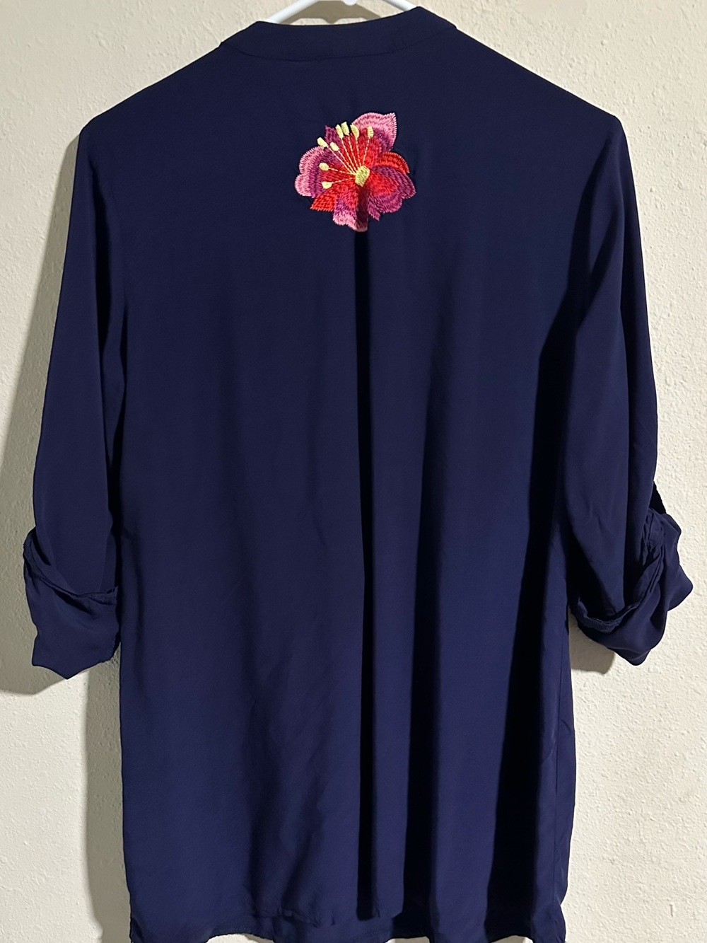 Navy Embroidered V-Neck Tunic with Multicolored Floral Detail - Picture 6 of 9